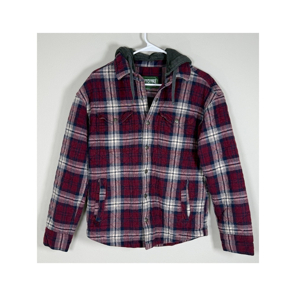 American Eagle Hooded Flannel Shirt Jacket Mens Size S Plaid Fall Bonfire